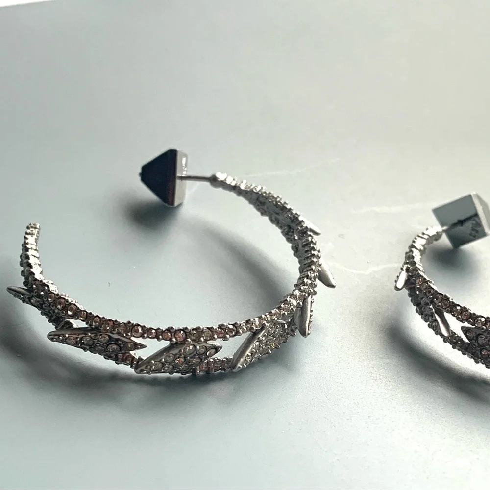 ALEXIS BITTAR • Edgy Crystal Encrusted Spiked Lattice Silver Hoop Earrings