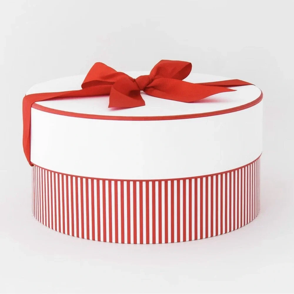 Sugar‎ Paper Large Red White Stripe Round Gift Box with Bow Holiday Packaging