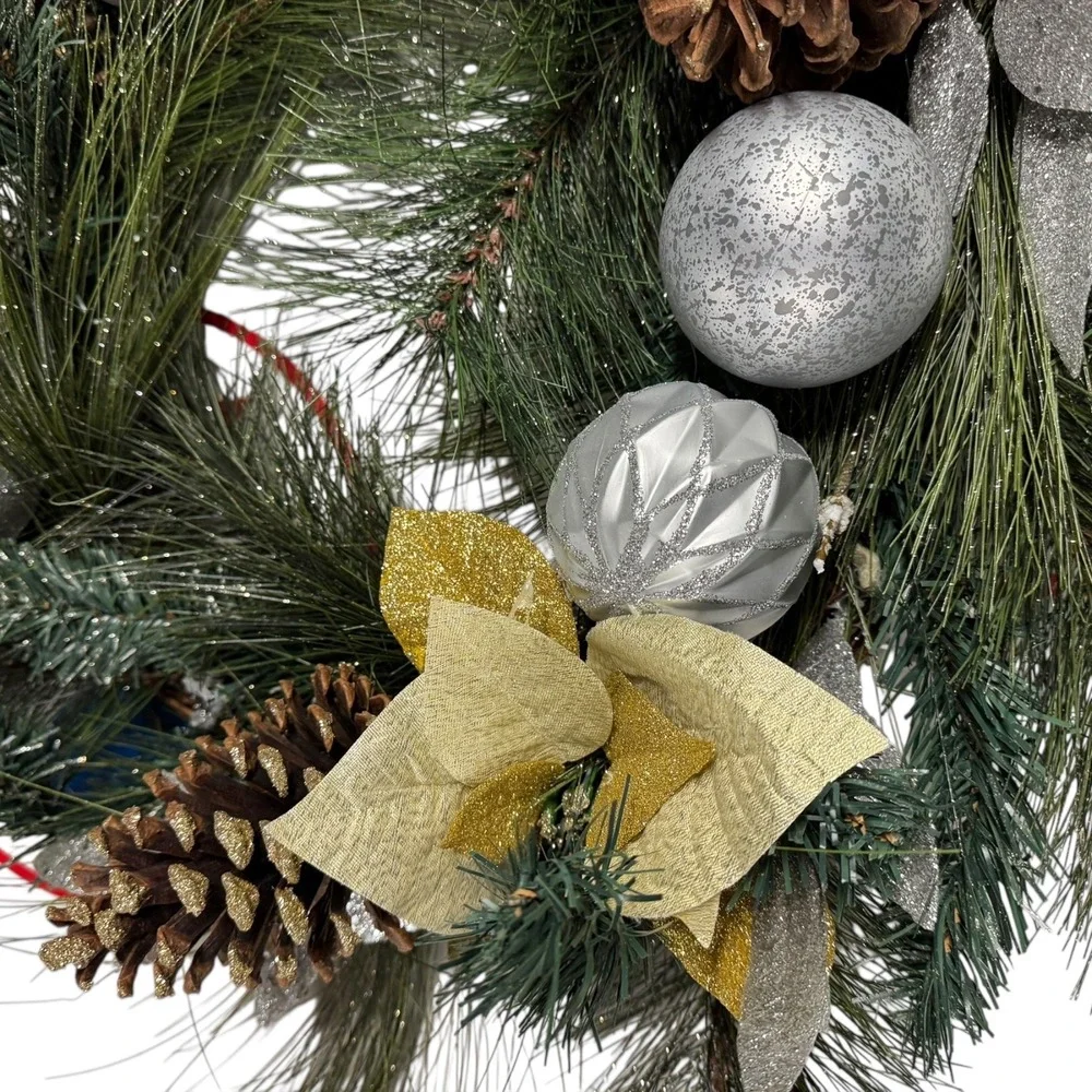 Christmas Wreath Holiday Pine‎ Cone Ornament Gold Silver Decor 15 Inch