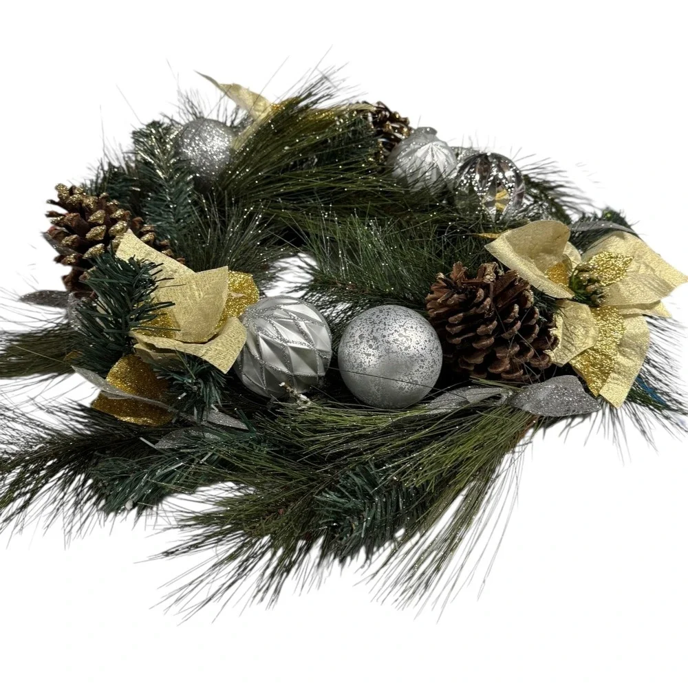Christmas Wreath Holiday Pine‎ Cone Ornament Gold Silver Decor 15 Inch