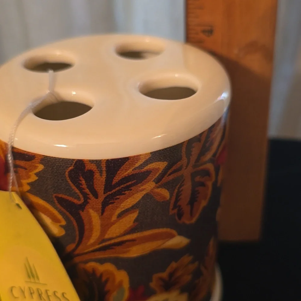 New Cypress Home Cream Brown Rust‎ Autumn Earthtones Floral Toothbrush Holder