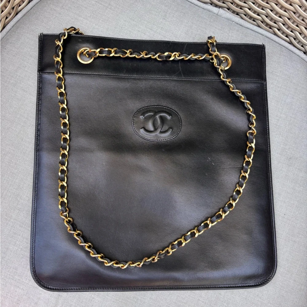 Authentic CHANEL vintage flat black lambskin mini tote