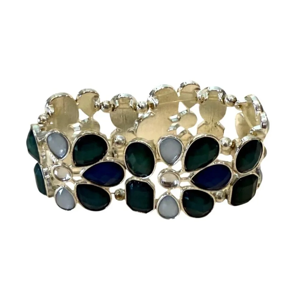 Opaque Crystal Blue Briolette Silvertone Stretch Bracelet 8
