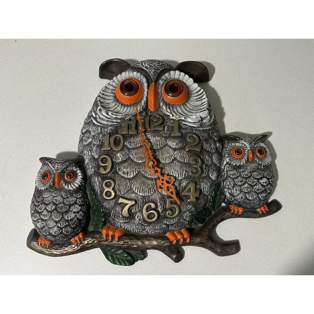 VTG Handmade Ceramic 3 Owl Family On Branch Wall Clock Retro 1975 Boho Works!