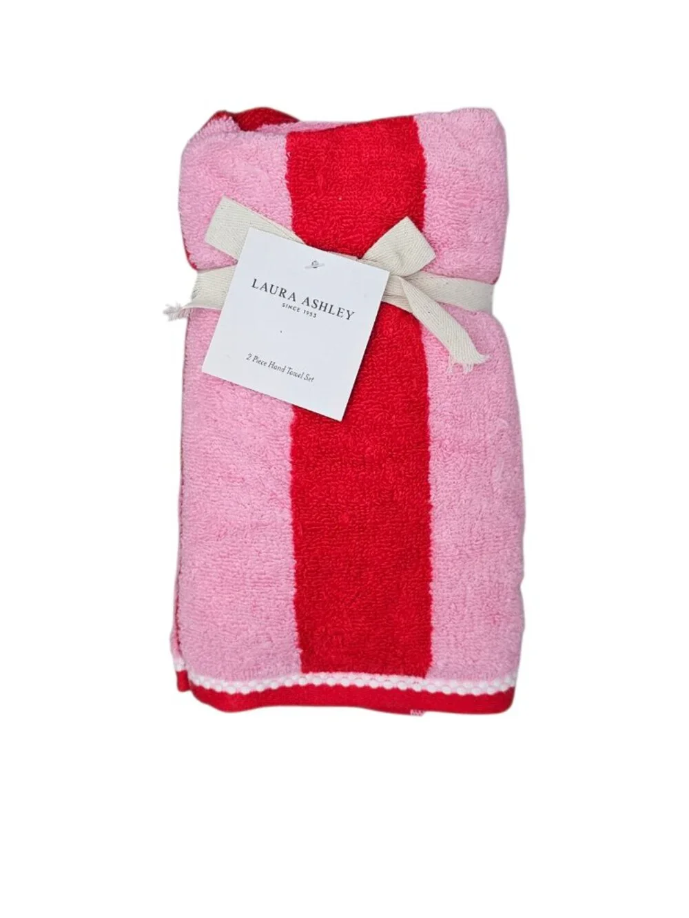 Laura Ashley 2 Piece Hand Towel Set New Cotton Plush Stripe Red Pink 16