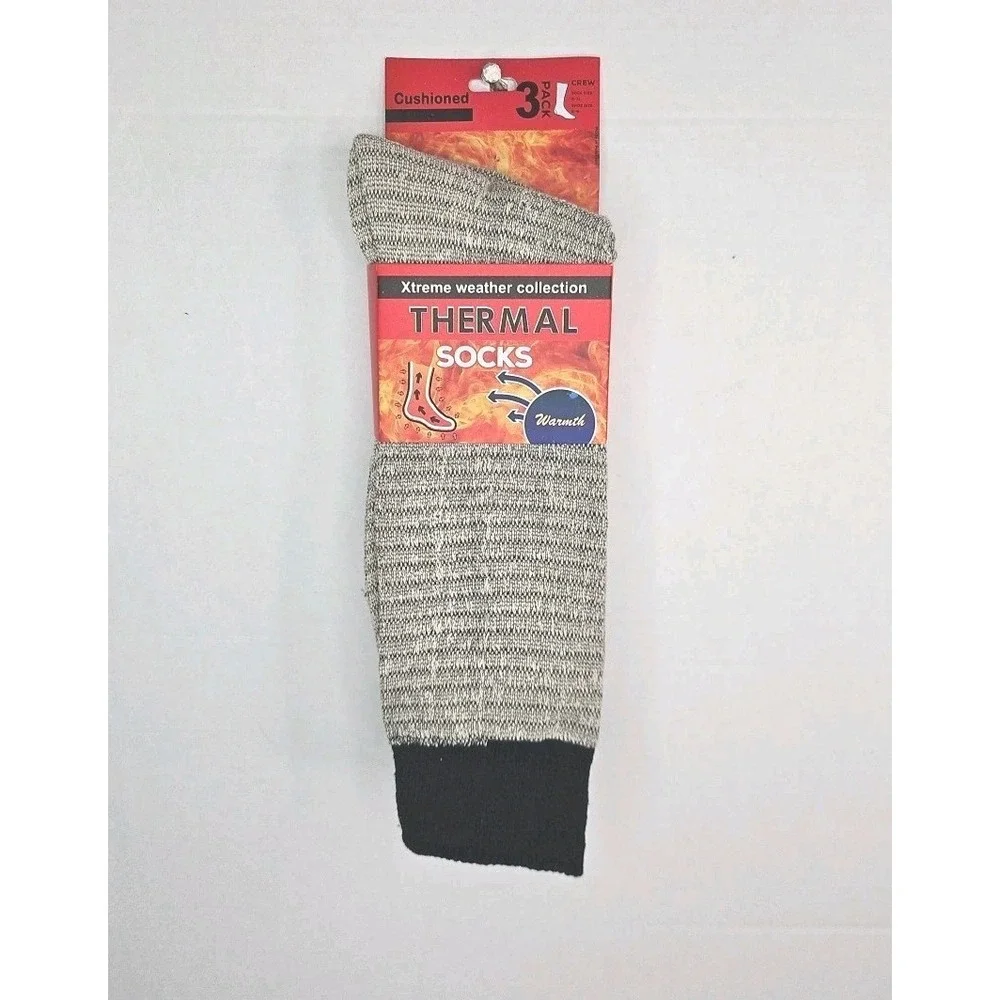 Extreme Weather Collection Thermal Socks 3 Pk Crew Lngth Sz 10-13 Cushioned Gray
