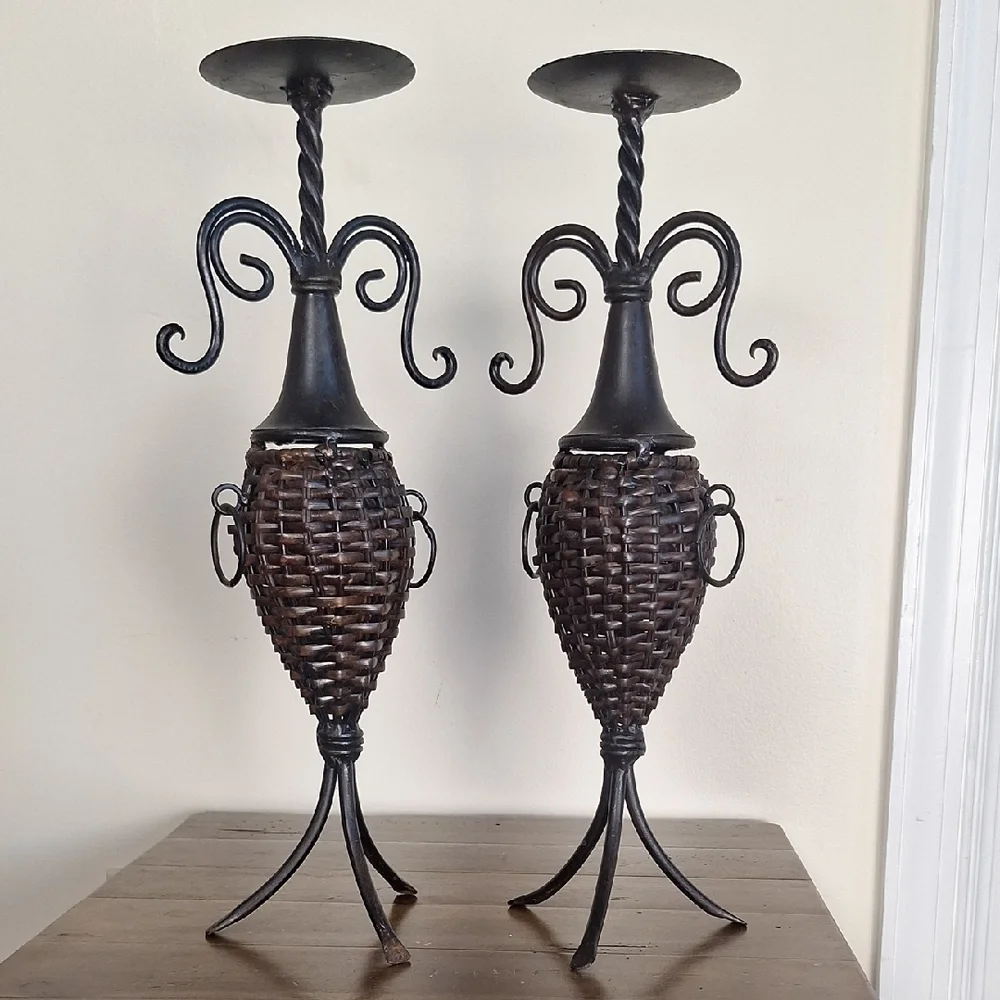 Pair Of Wrought Iron And Brown Wicker Candle Holders