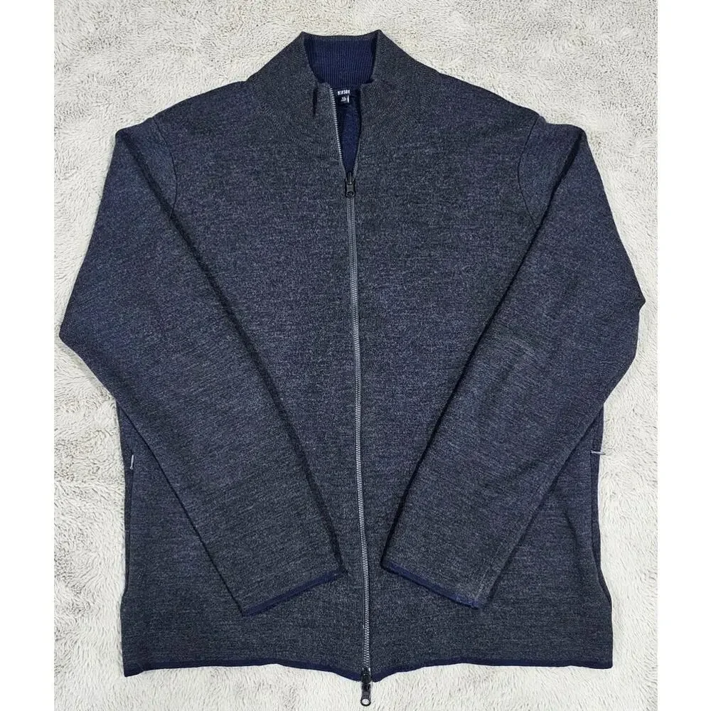 Benson 100% Wool Cardigan Sweater Navy Rib Knit Full Zip Preppy Sz XL