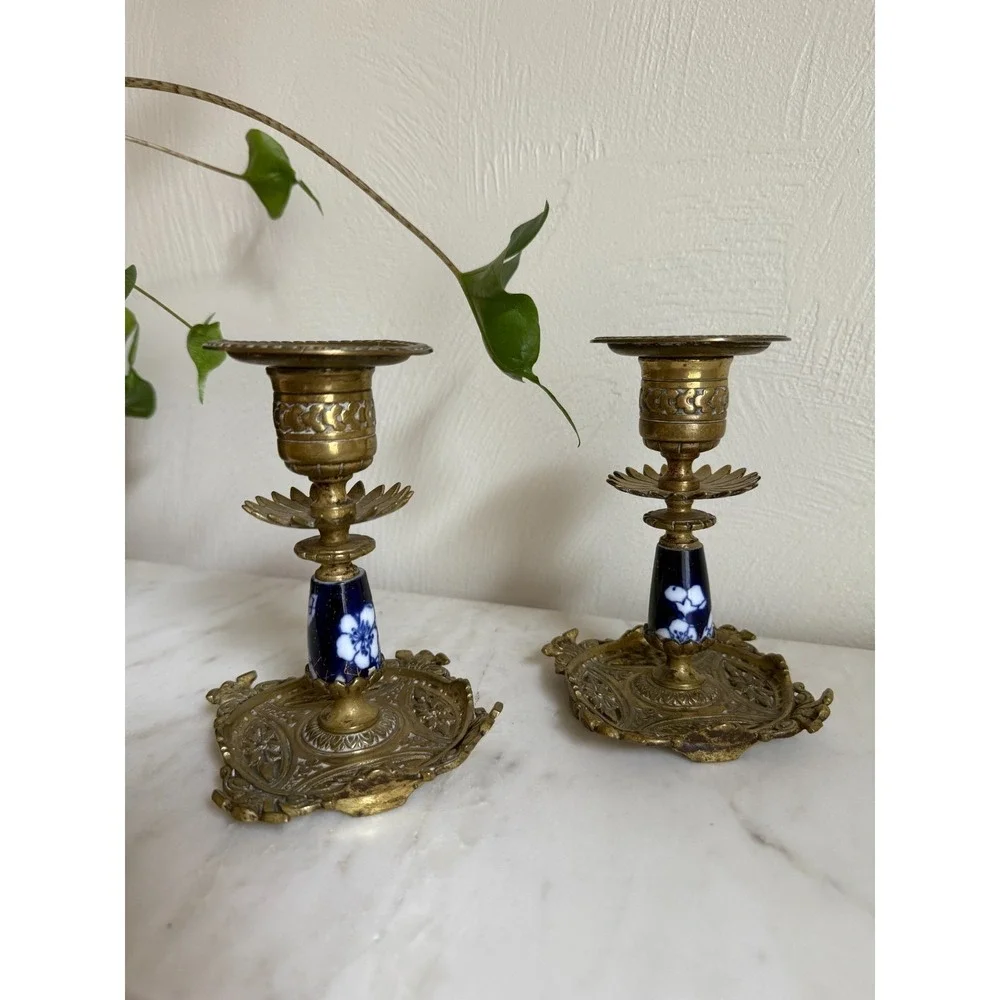 Antique Set Of Two English Aesthetic Movement Brass Candlesticks Ornate 5.5