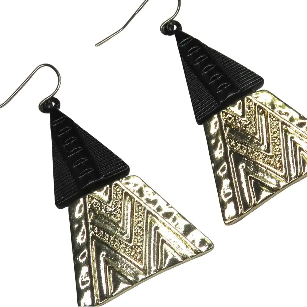 1980s Vintage Funky Gold & Black Tribal Aztec Geometric Triangle Earrings