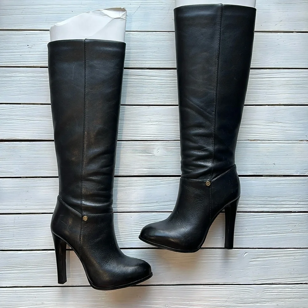 Tory Burch Black Tall Kasey Heeled Smooth Leather Boots Logo size 5.5