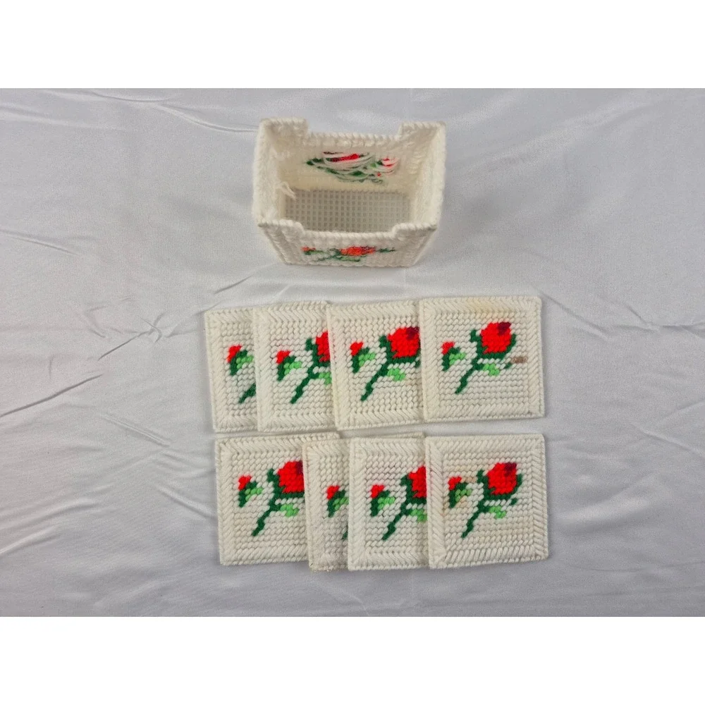 Vintage Handmade Plastic Canvas Coaster Set 8pc Red Rose Floral Cottagecore