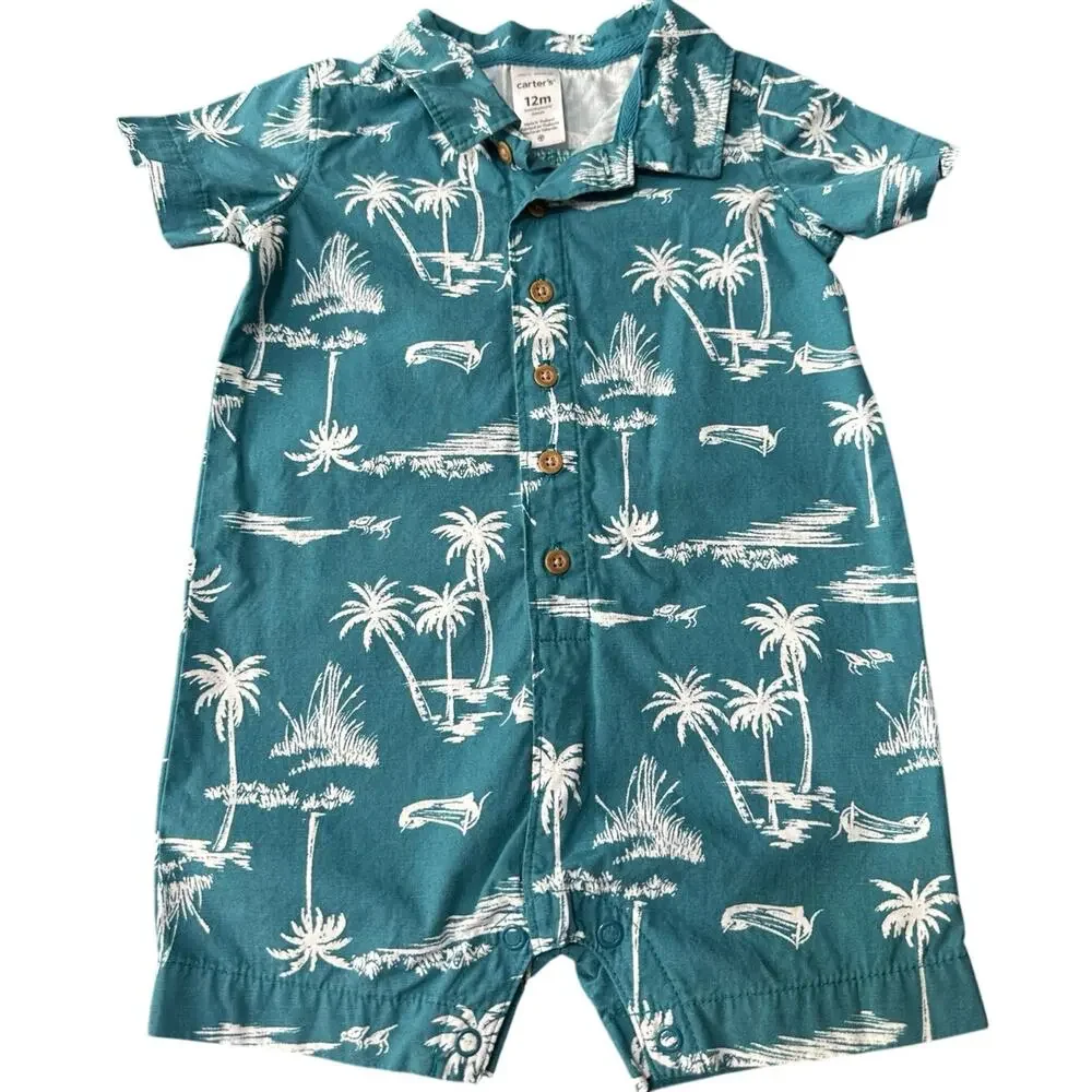Carters Romper Toddler Boy 12m Button Down Hawaiian EUC‎