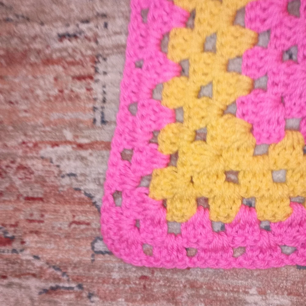Granny Square Hand Made Crochet Hot Pink yellow Small Lap Blanket