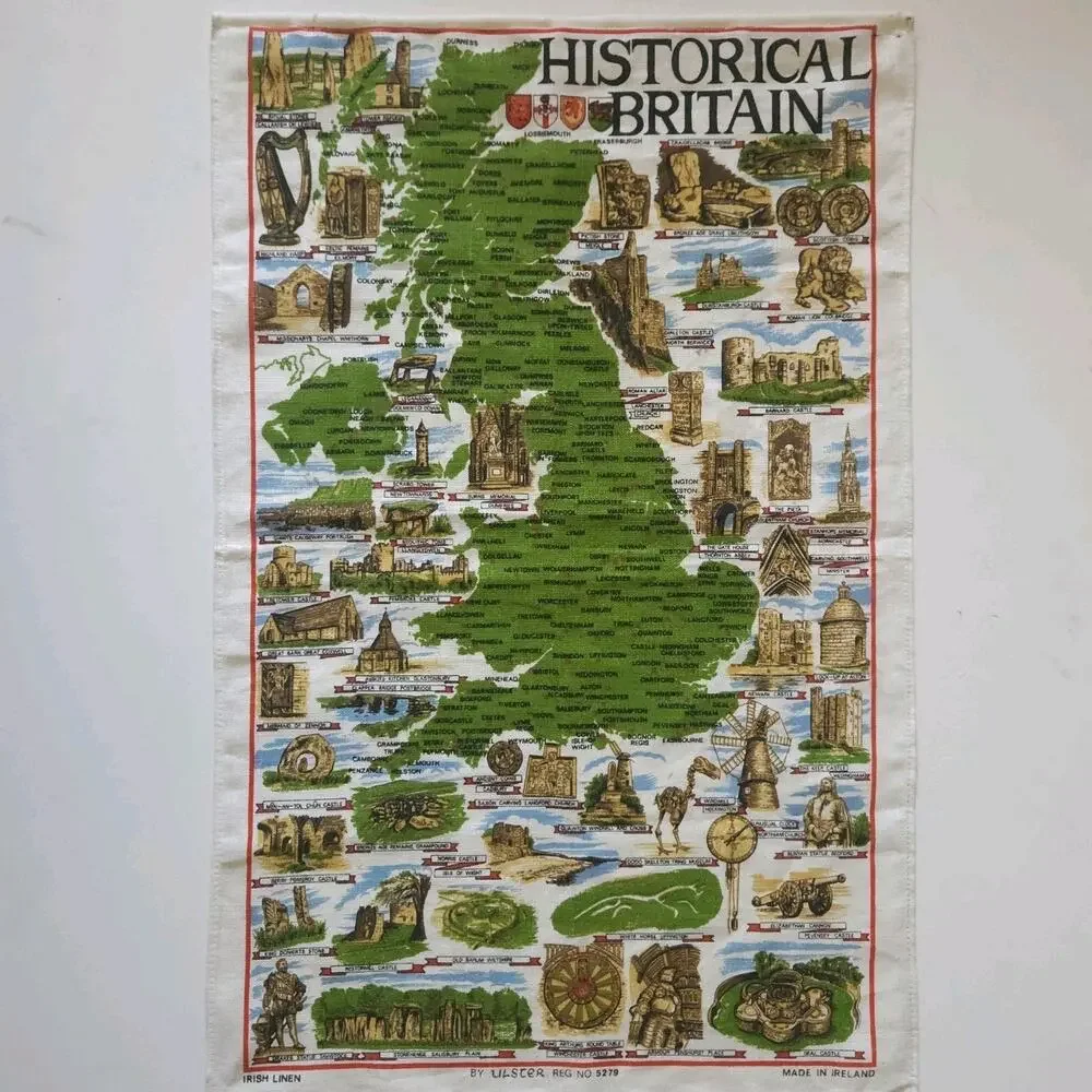 Vtg Irish Linen Kitchen Dish Tea Towel Britain Souvenir Map Wall Art Repurpose