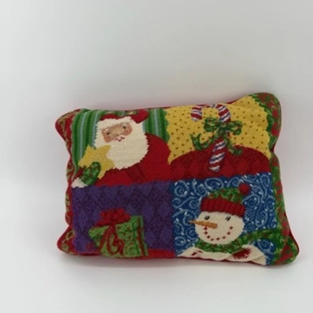 Christmas Pillow Needlepoint Santa Snowman Holiday Decor Happy Holly‎ Days