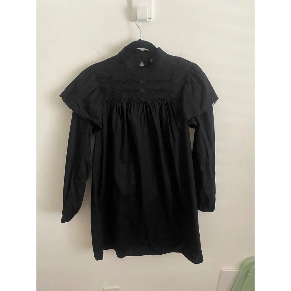 Womens Black Lace Ruffle Mock Neck Flutter Sleeve Mini Dress XS‎ New