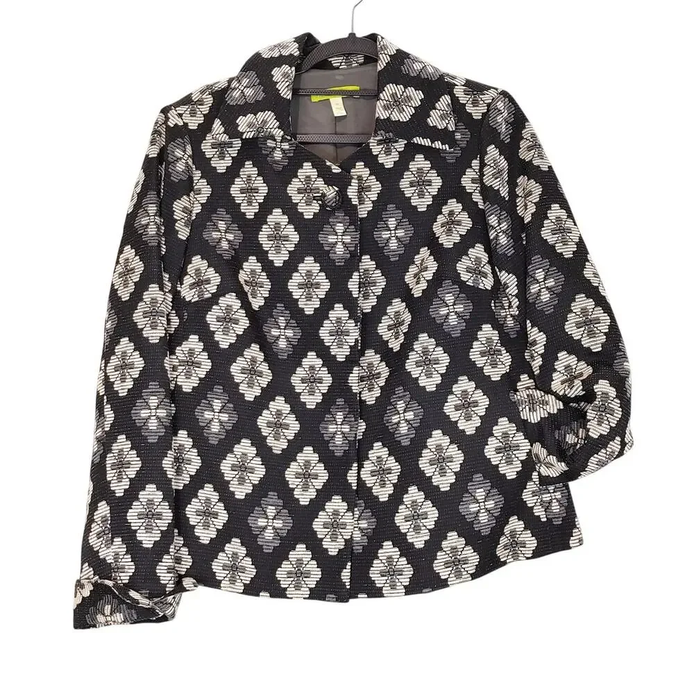 Sigrid Olsen Floral Brocade Jacket Button Up Textured Black White Womens Size 10
