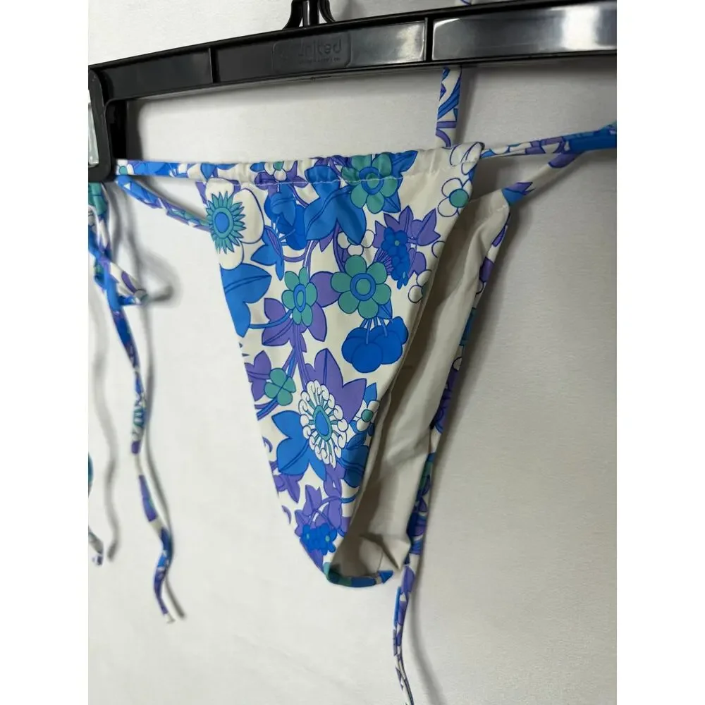 Frankie's Bikinis Morning Glory Floral Print Blue Triangle String Set Small
