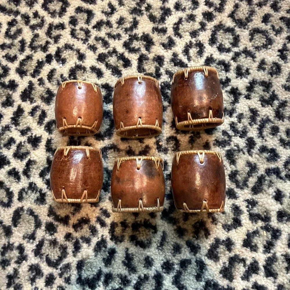 Set of 6 Pier 1 Imports Tamarind Napkin Rings Brown W/ Raffia-style Stitching