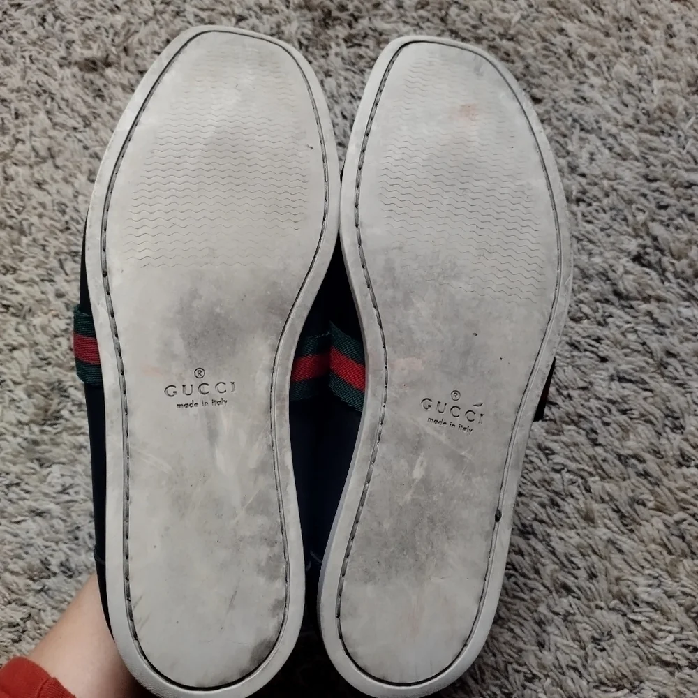 GUCCI FLAG Black Leather Boat Deck Loafers sz 9