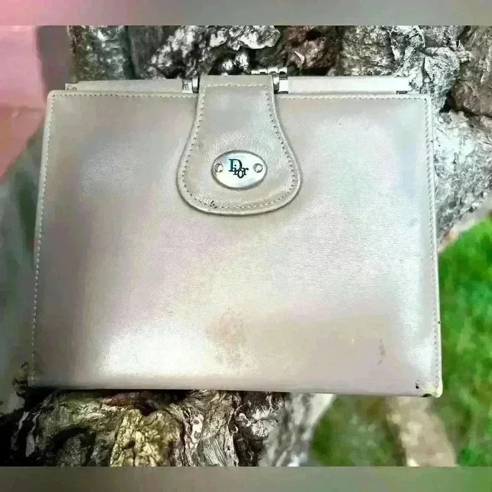 Vintage Christian Dior Coin‎ Purse Kisslock Wallet Gray Bifold Snap Closure