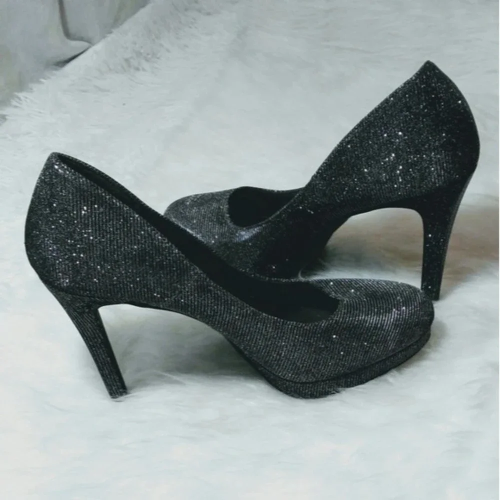 Fioni Night Glitter Platform Stiletto Heels Gray Sparkly Pumps Party Size 9