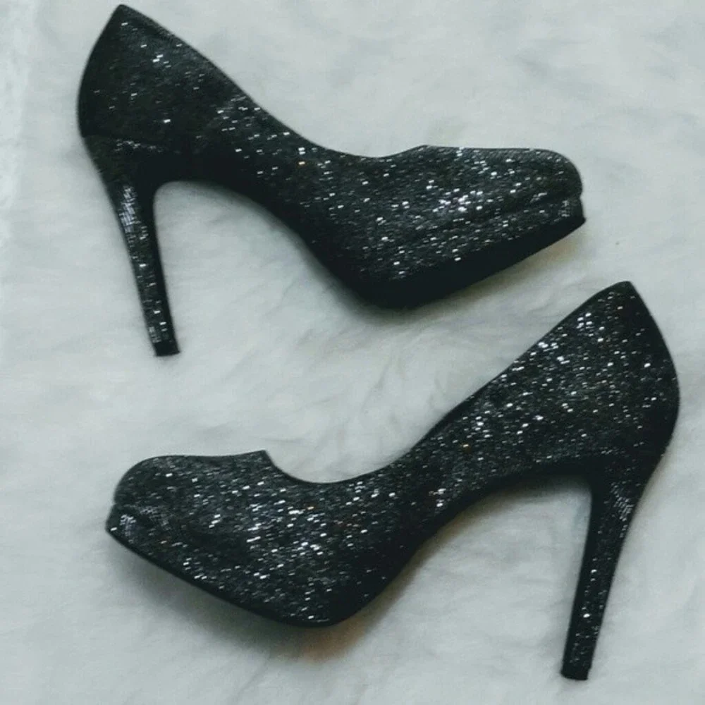Fioni Night Glitter Platform Stiletto Heels Gray Sparkly Pumps Party Size 9