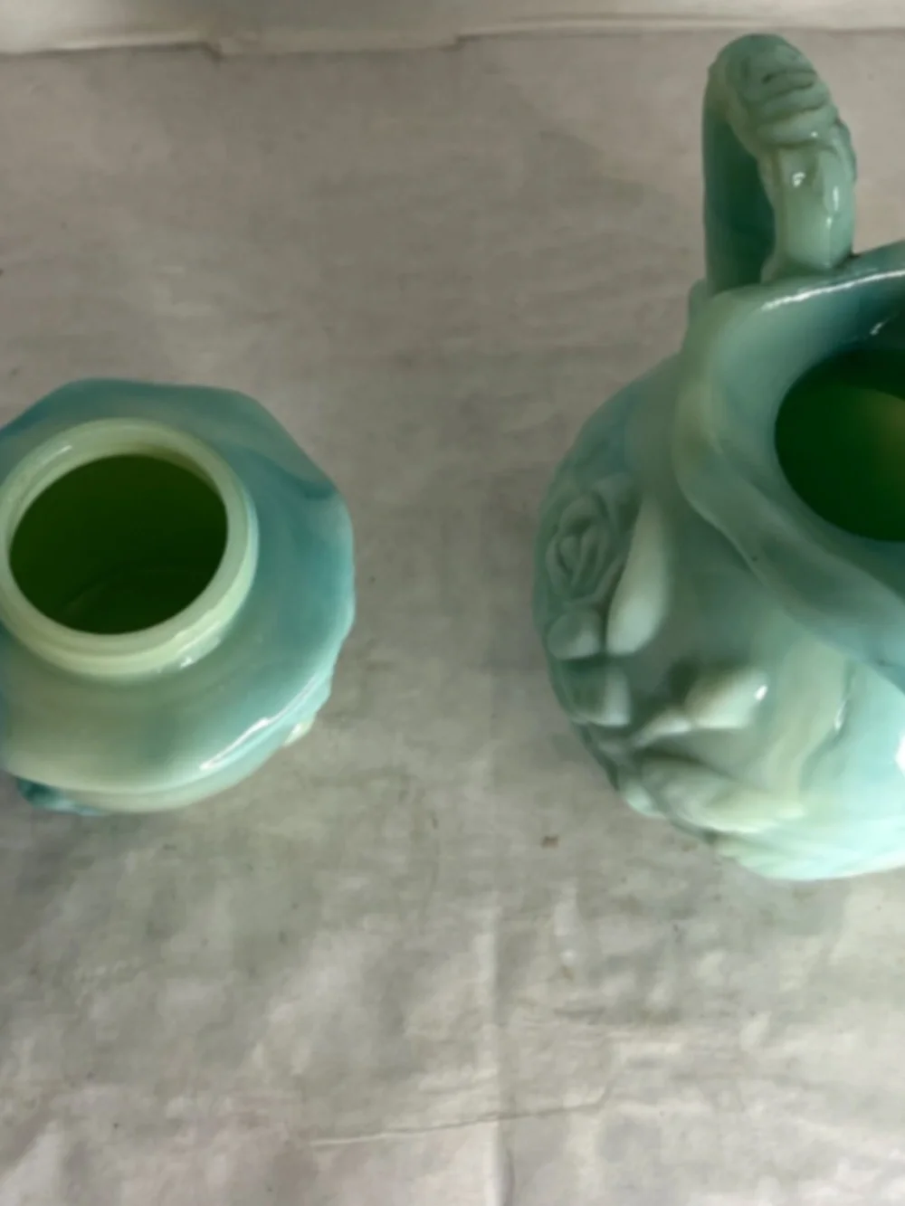 Vintage Avon Jadeite Moonwind Bubble Bath Bottle and Powder Sachet Container