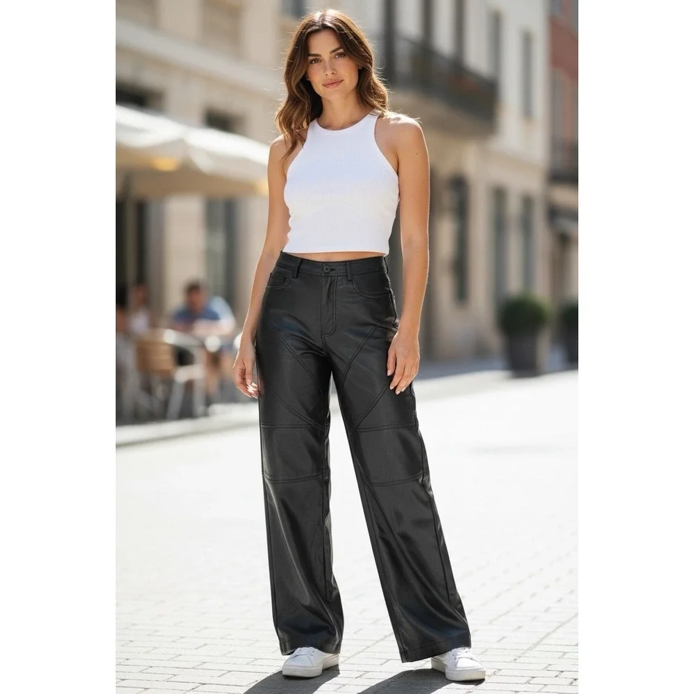 Zara W Black Faux Leather Wide Leg Cut Out Pockets Small Pants Biker Core Rocker