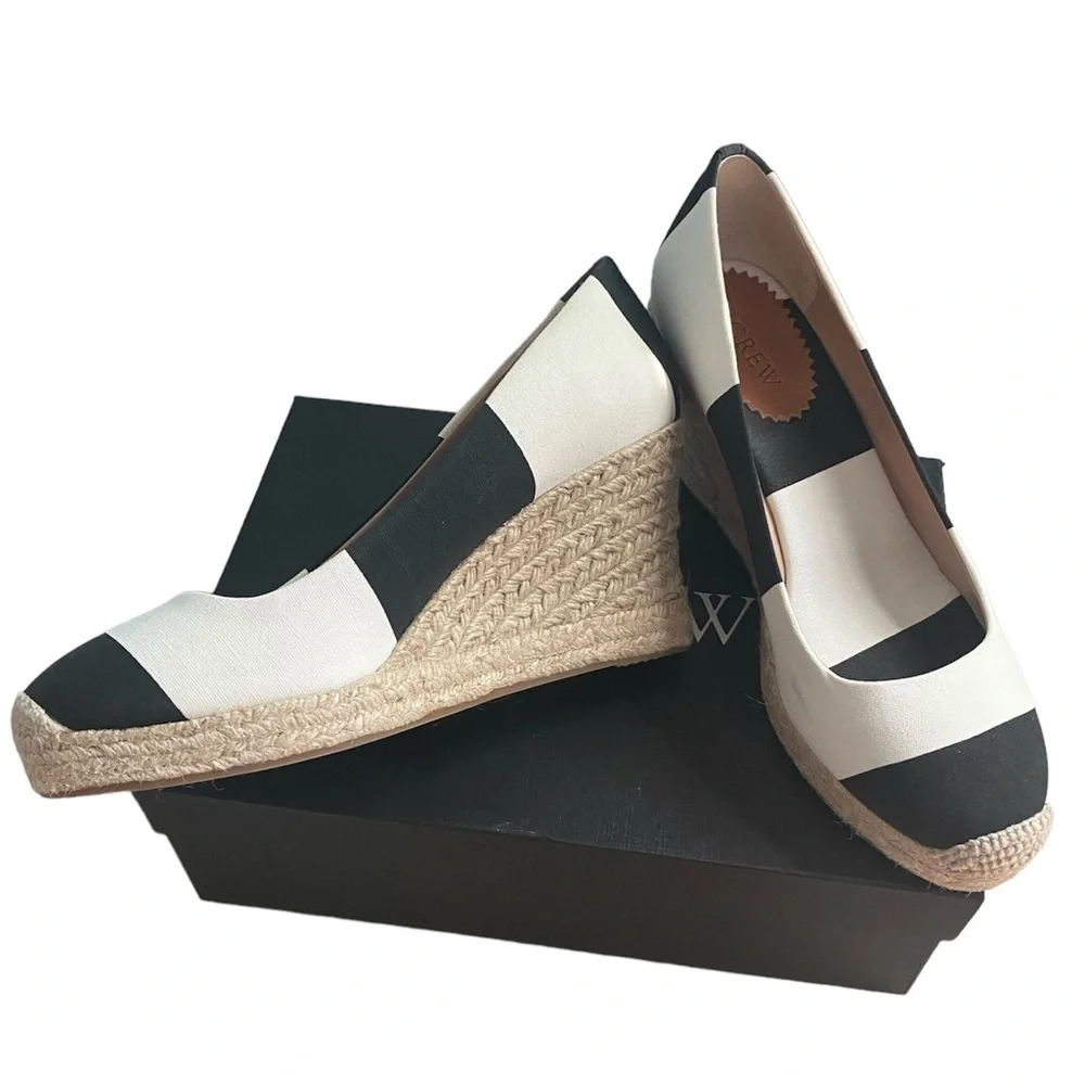 J. Crew New Seville Black White Stripe Canvas Wedge Espadrilles Women’s 9 NIB