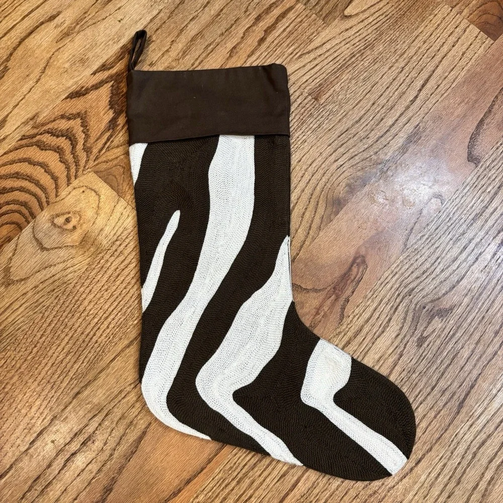 West Elm Zebra Stripe Christmas Stocking Brown White‎ Knit 18