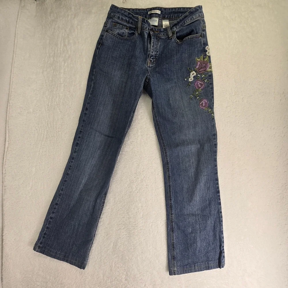 Y2K Floral‎ Embroidered Jeans Womens Sz 8 30x29 Stretch Boho Festival Twee Artsy