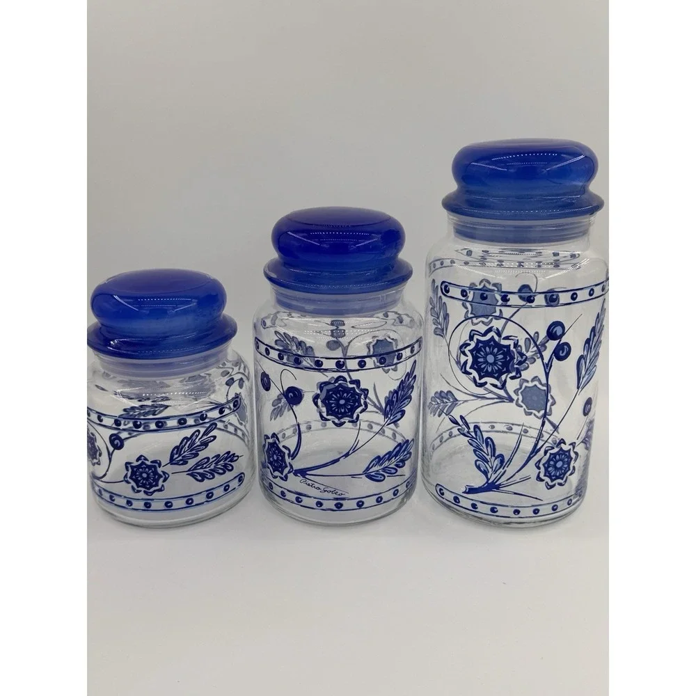 Anchor Hocking Glass Pietro Gobeo Set Of 3 Blue Kitchen Canister Flower 1970s