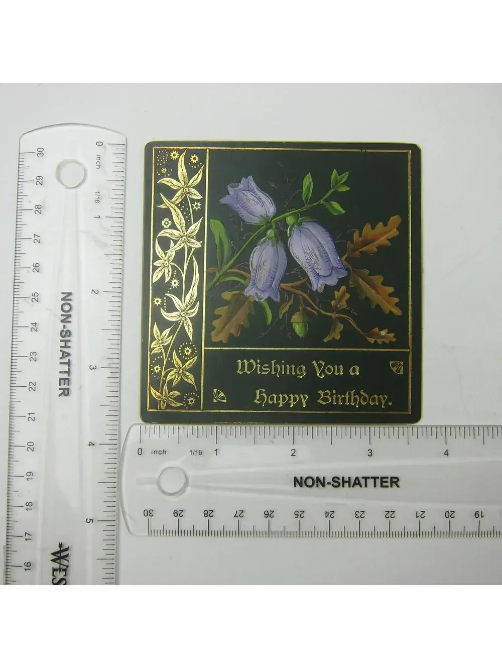 Victorian Birthday Greeting Card Floral Blue Bellflowers Gold Embossed Antique