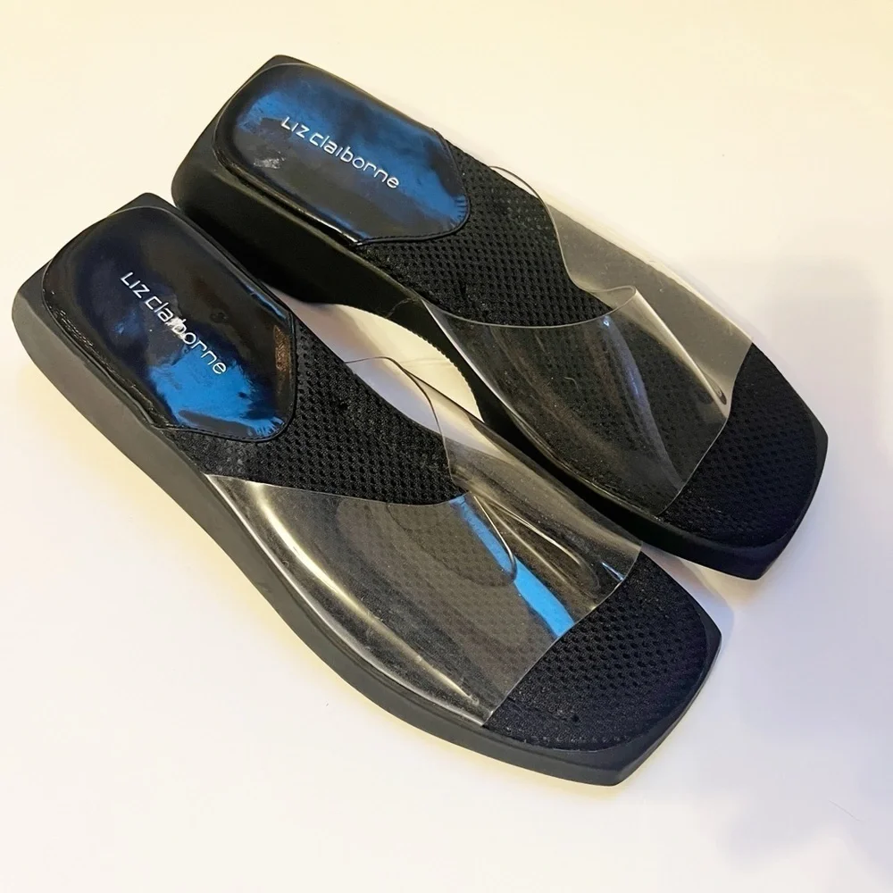 Liz Claiborne Clear Band Black Beach Platform Slides