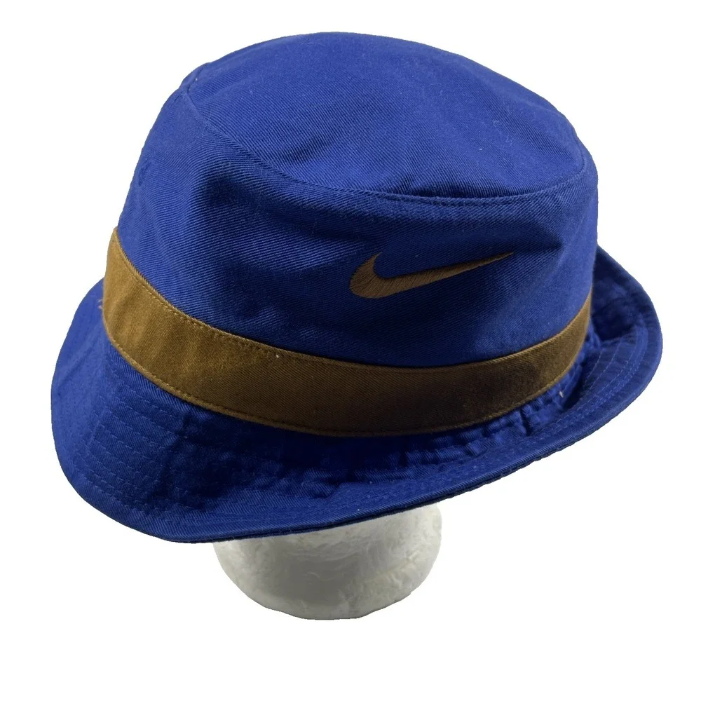 Vintage Nike Bucket Hat Womens Blue Brown Logo Cotton Outdoor Hiking 90s Y2K