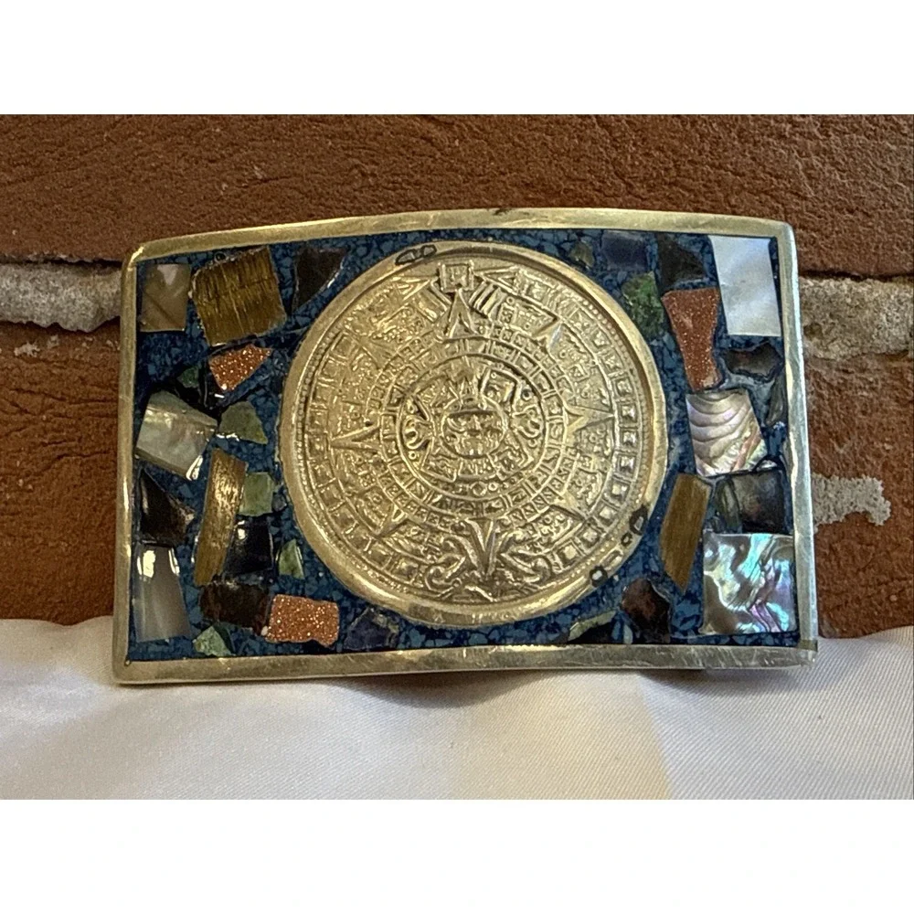 Mexican Aztec Mayan Calendar Sterling Silver Belt Buckle
