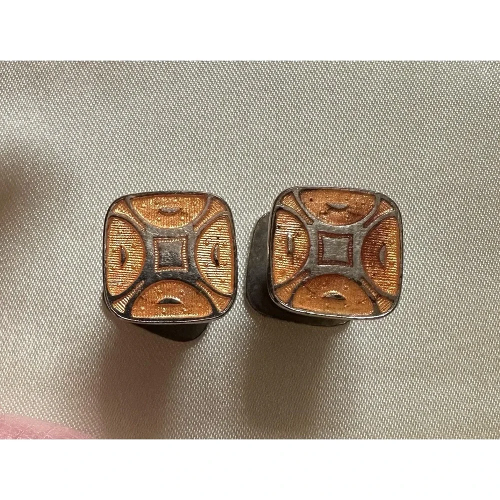 Art Deco Kum A Part Cufflinks Silver W/ Peach Orange Enamel‎