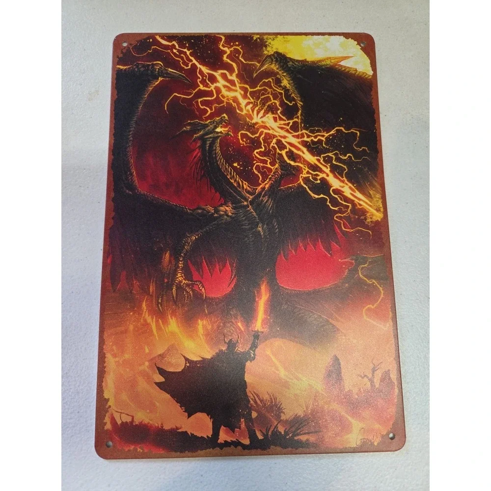 Fantasy Dragon vs Wizard Metal Sign Wall Art‎ Plaque Fire Lightning Gothic Decor