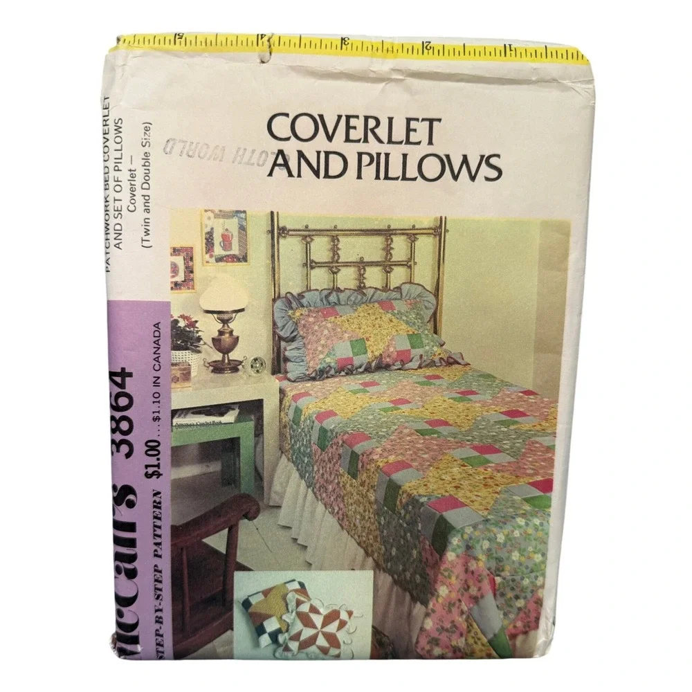 Vintage McCall's‎ 3864 Patchwork Bed Coverlet Pillow Pattern Uncut Pillows 70's