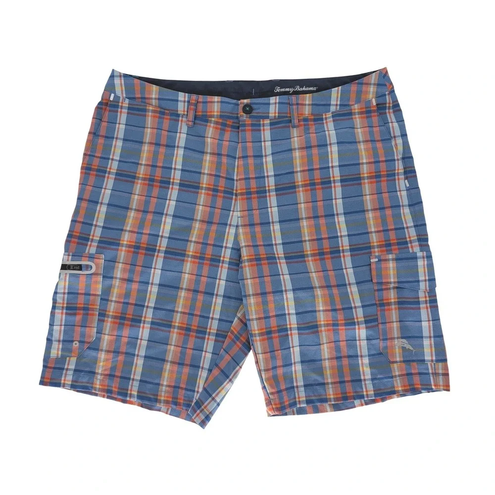 Tommy‎ Bahama Cargo Shorts Mens 38 Blue Orange Plaid Stretch Hybrid Performance