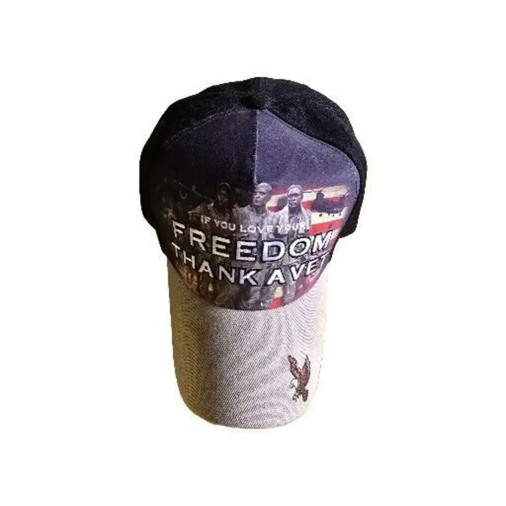 If You Love Your Freedom Thank A Vet Ballcap Hat Adjustable Black Beige Bill‎