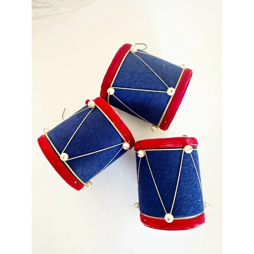 Vintage Christmas Ornaments Flocked Drums Red and Blue Velvet Pearls Lot Of 12