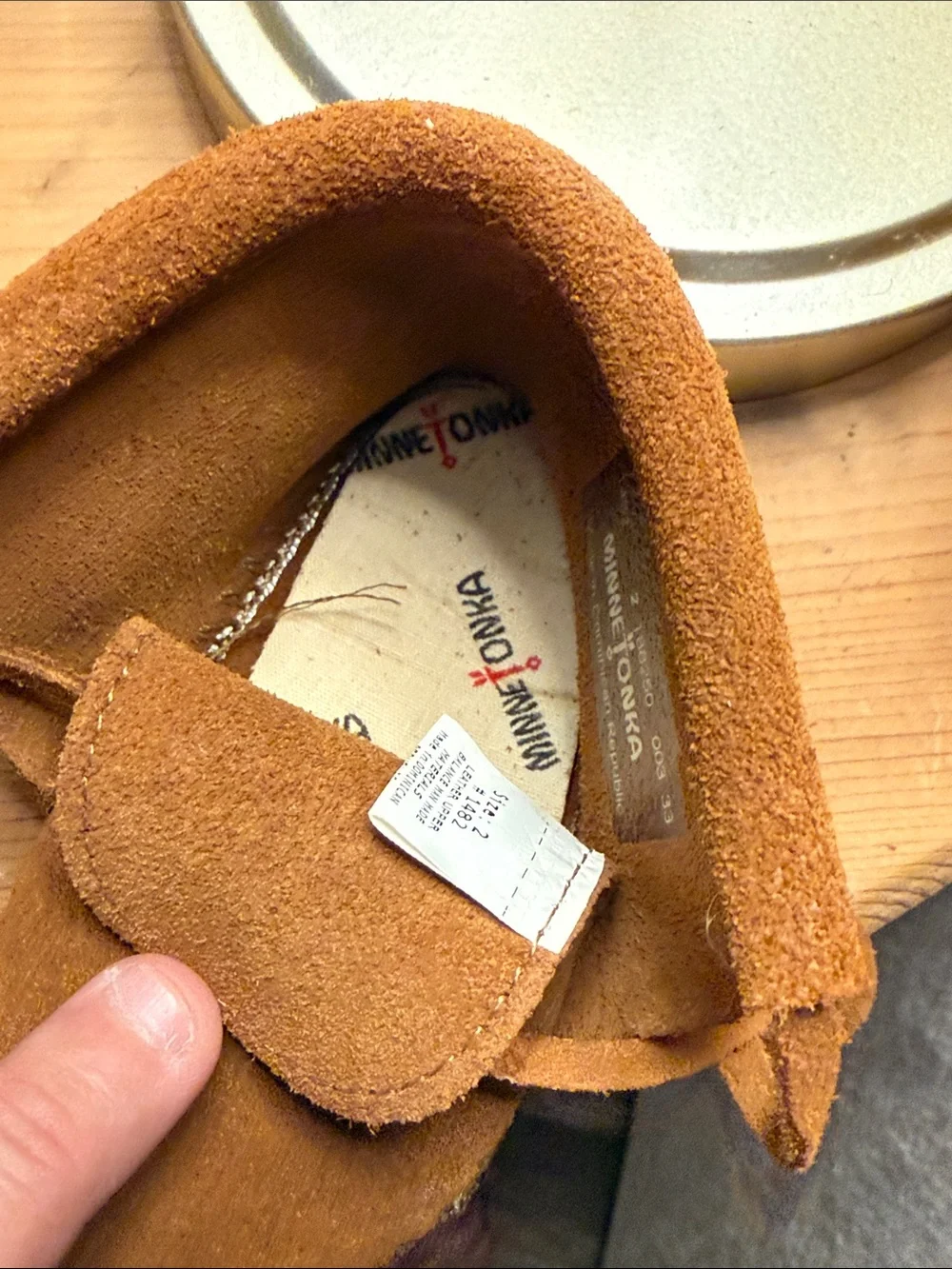 Minnetonka Kids Suede Moccasins in Chestnut Brown