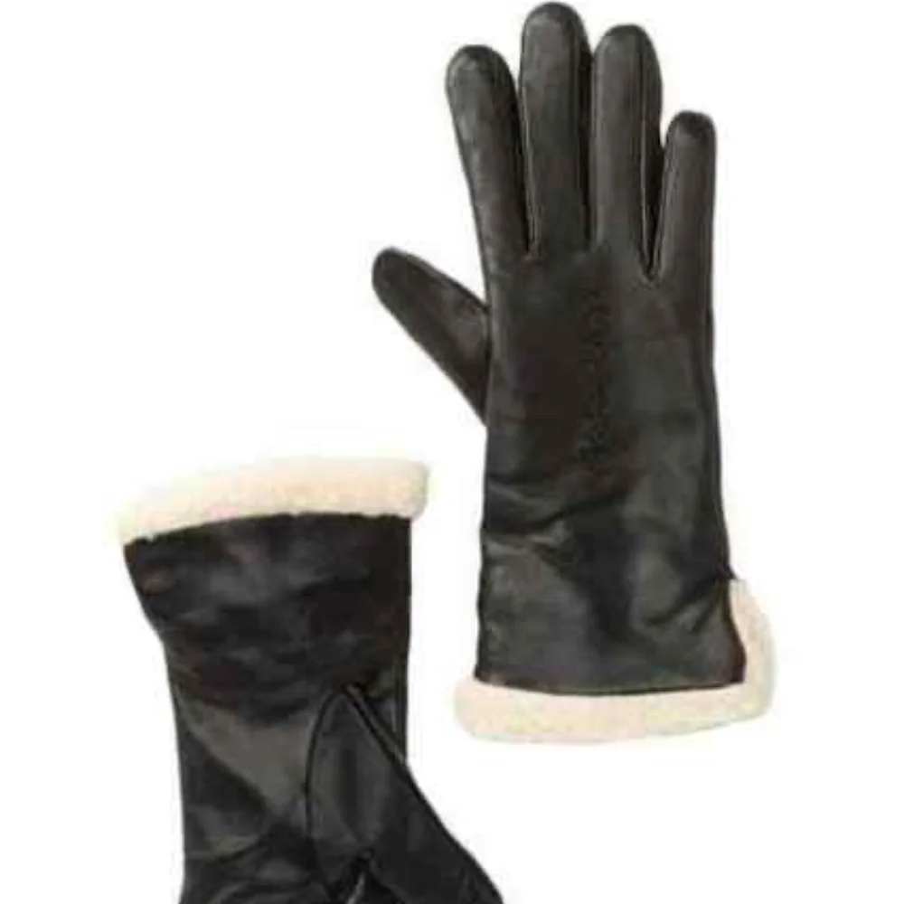 Women’s Black Leather Gloves with Cream Shearling Trim