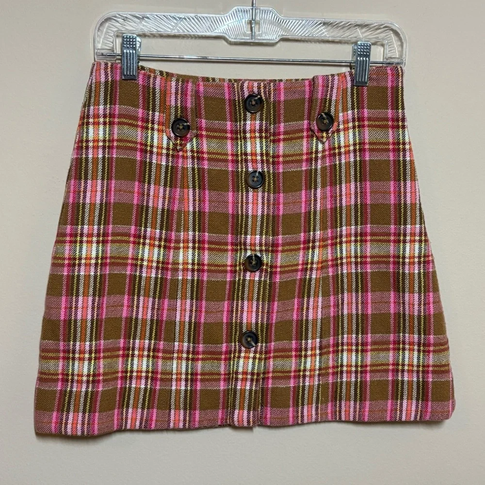 Anthropologie Maeve Plaid Button-Front mini A Line Skirt