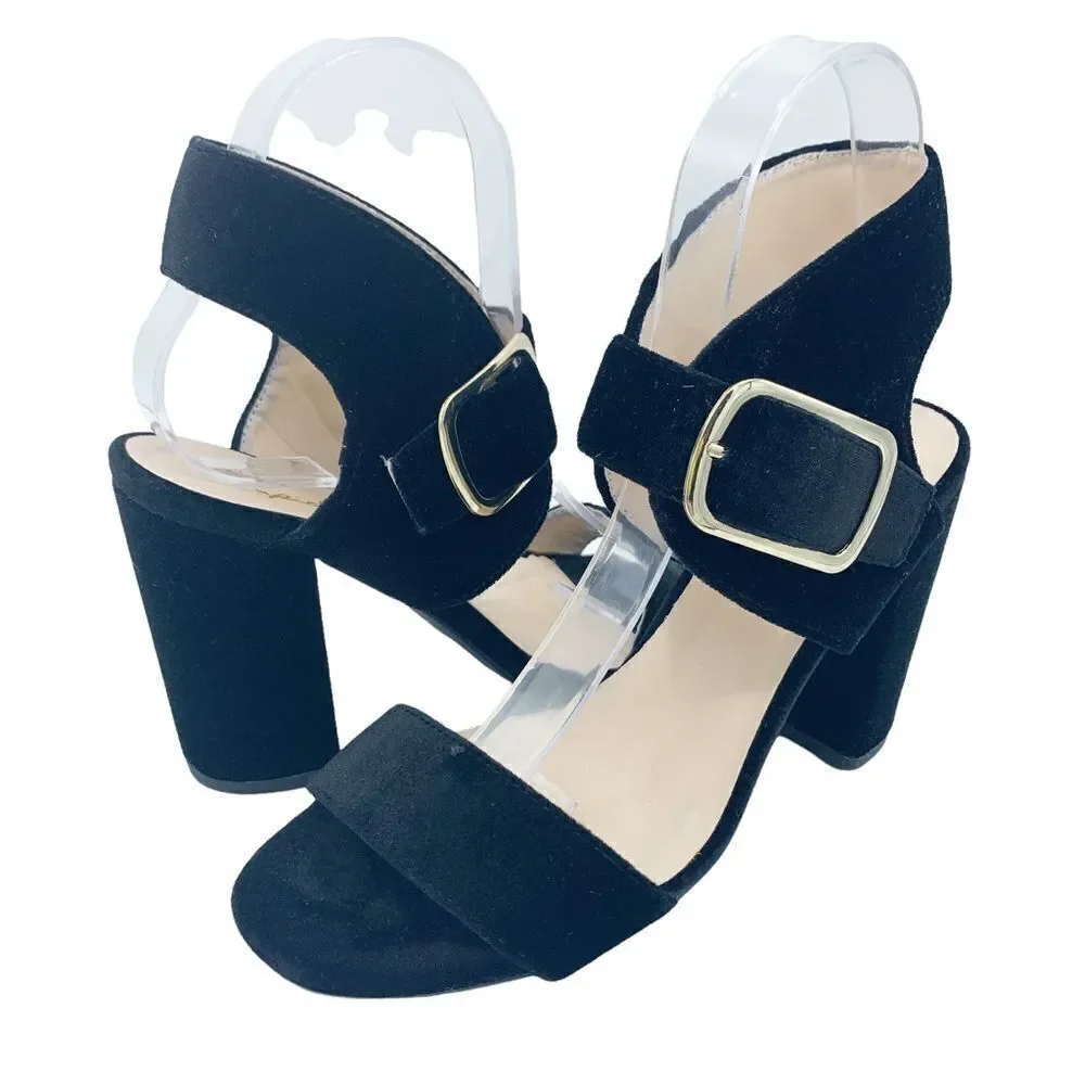 Qupid Women’s Velvet Wide Strap Chunky Heel Sandals‎ in Black Sz 7