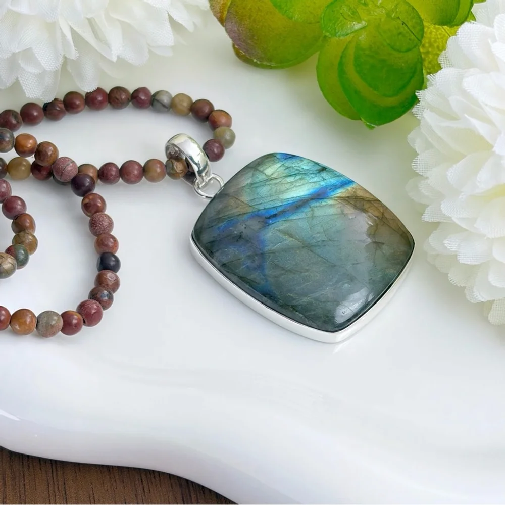 Southwest Pure Sterling Silver 925 Flash Labradorite Pendant Jasper Necklace