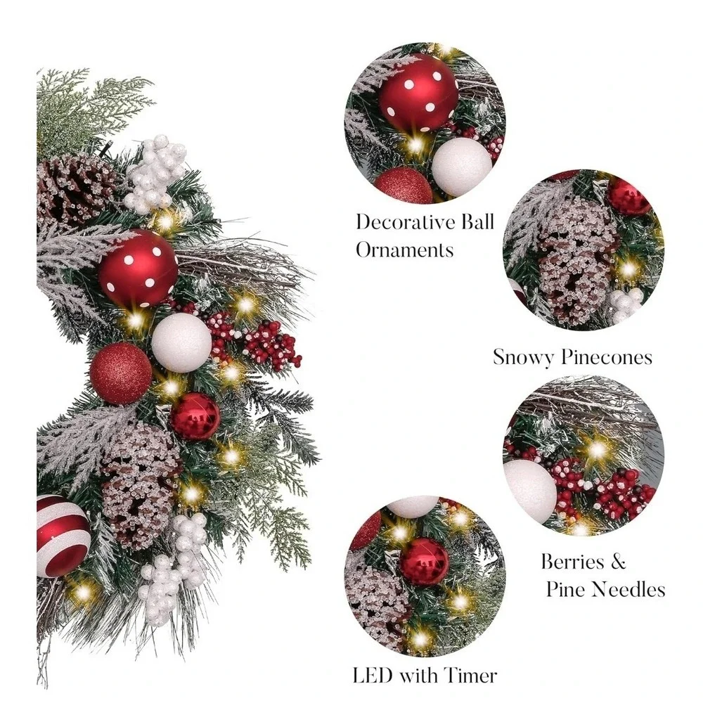 Valery Madelyn 24'' Pre-Lit Christmas Wreath for Front Door w Light Candy Cane